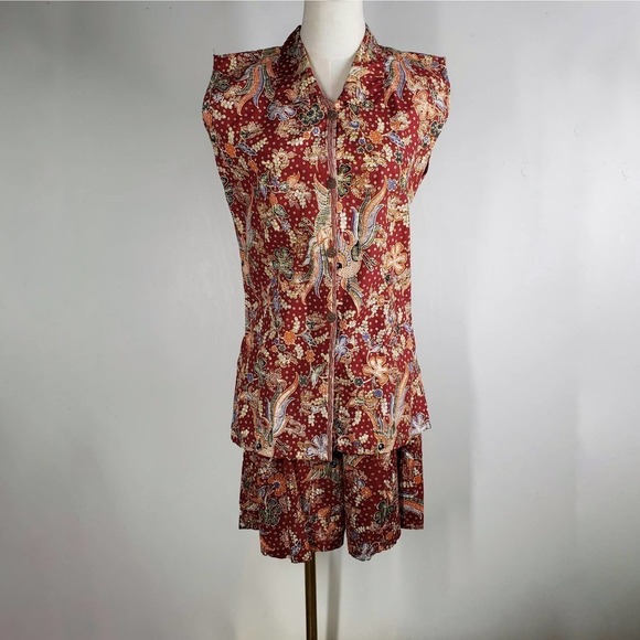 Le Gong Batik Outfit Set XL Rust Oriental Floral Sleeveless Top Shorts - Picture 2 of 16
